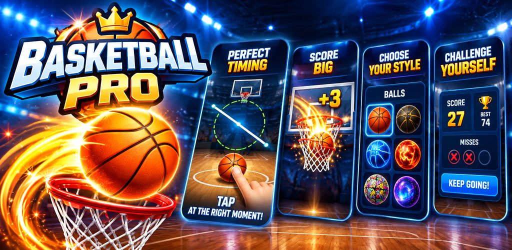 Basketball Pro – offizielle Vorstellungsgrafik, Basketballstadion und verschiedene Spielmechaniken