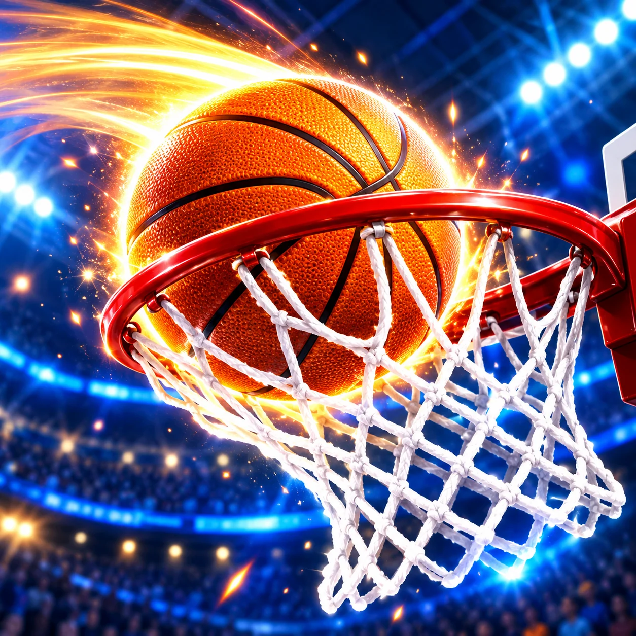 Basketball mit leuchtender Flugspur am Korb in einer Arena