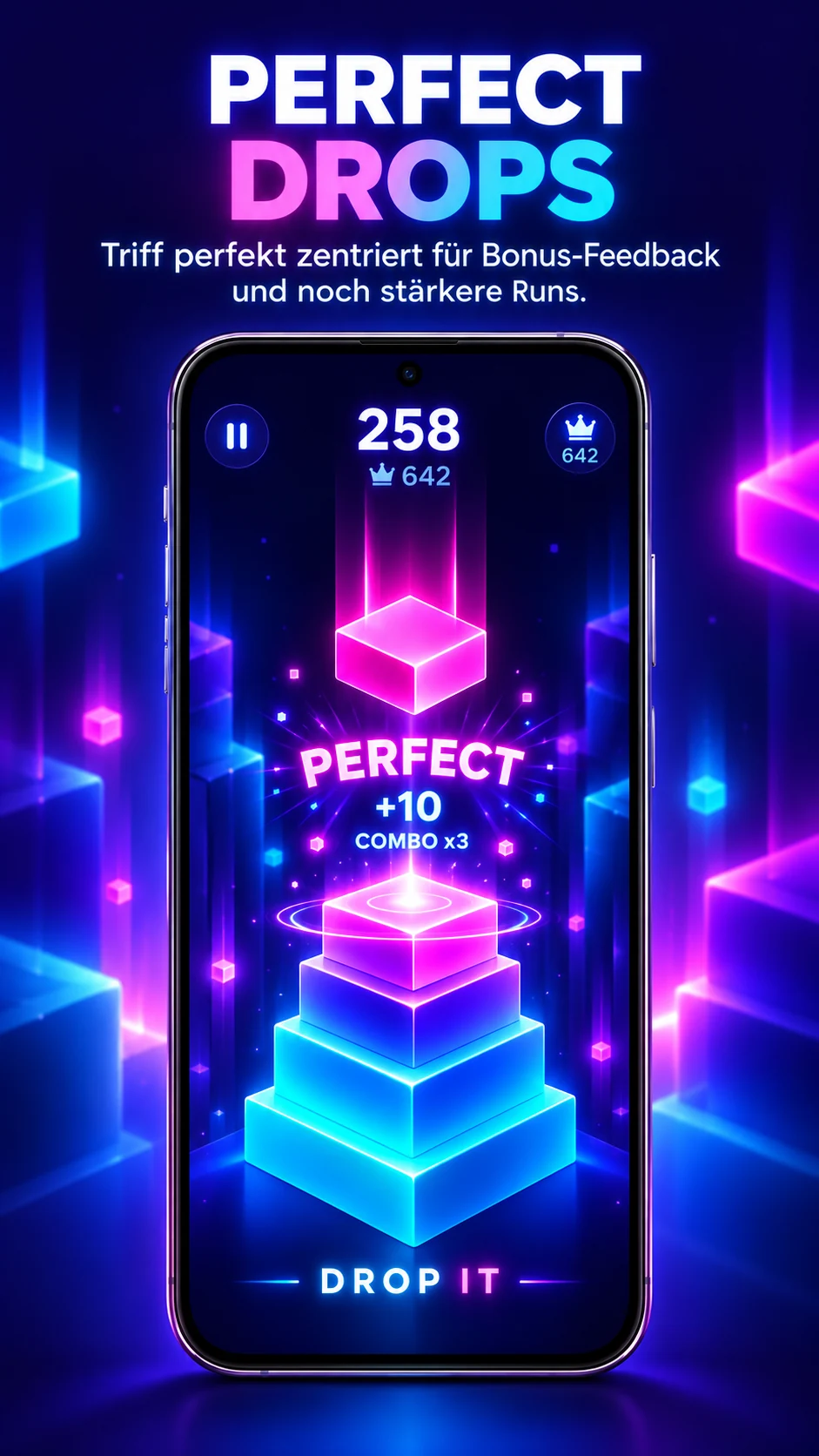 Gestaltete Spielvorschau: PERFECT Drop mit Neon-Partikeln